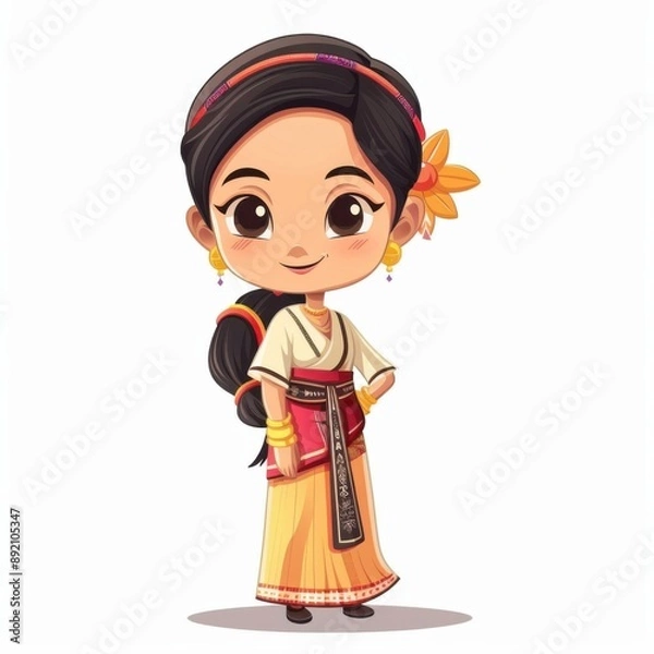 Obraz Embrace the cultural diversity of Southeast Asia with this animated girl in traditional attire, showcasing national outfits and cultural heritage through vibrant colors , Ai generative