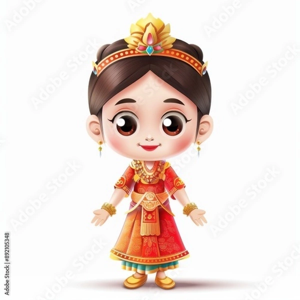 Obraz Embrace the cultural diversity of Southeast Asia with this animated girl in traditional attire, showcasing national outfits and cultural heritage through vibrant colors , Ai generative