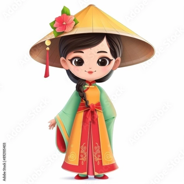 Obraz Embrace the cultural diversity of Southeast Asia with this animated girl in traditional attire, showcasing national outfits and cultural heritage through vibrant colors , Ai generative