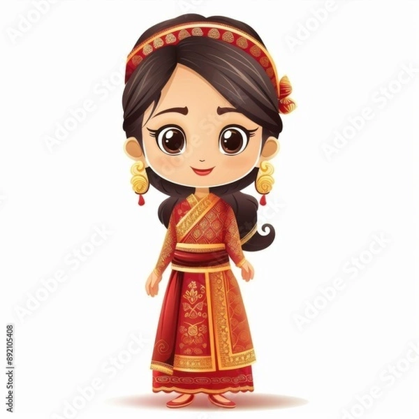 Obraz Embrace the cultural diversity of Southeast Asia with this animated girl in traditional attire, showcasing national outfits and cultural heritage through vibrant colors , Ai generative