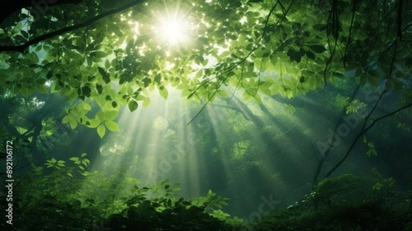 Fototapeta Forest canopy with vibrant green leaves and sunlight shining through