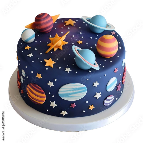 Obraz A whimsical space-themed cake featuring colorful planets and stars, perfect for a cosmic celebration or birthday party.