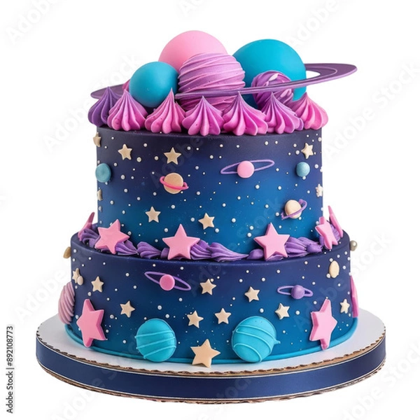 Obraz A whimsical space-themed cake featuring colorful planets, stars, and swirls, perfect for parties and celebrations.