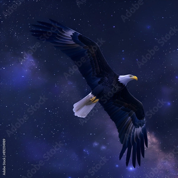 Obraz American bald eagle,
A majestic eagle soaring through a cloudy sky


