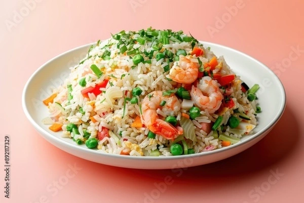 Fototapeta A plate of food with shrimp and vegetables on a yellow background