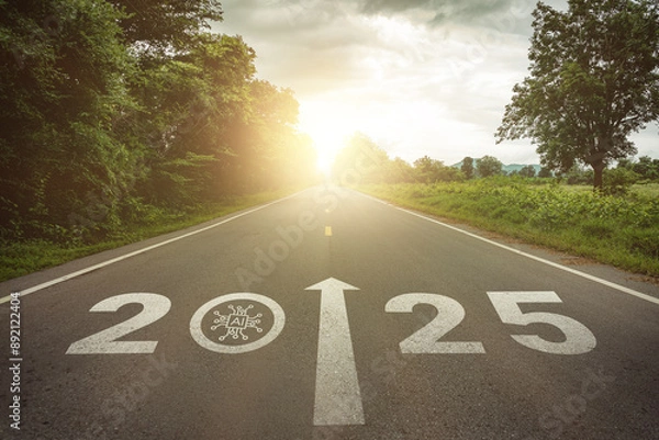Fototapeta New year 2025 straightforward for digital technology transformation concept. Text 2025 and AI, artificial intelligence technology icon on the road in the middle of asphalt road at sunset. AI adoption.