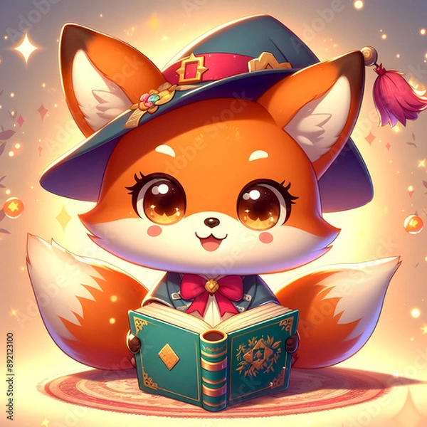 Fototapeta Chibi Fox with a Magic Book