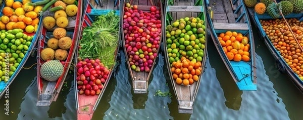 Obraz Vibrant floating market with colorful boats selling fresh fruits and vegetables, lively atmosphere, copy space, ideal for cultural and travel content.