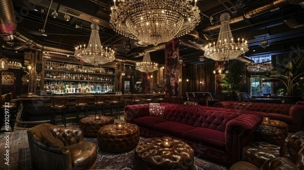 Obraz Luxurious speakeasy with velvet couches, chandeliers, and expertly mixed cocktails, exclusive and elegant atmosphere, copy space, ideal for high-end and secretive nightlife.