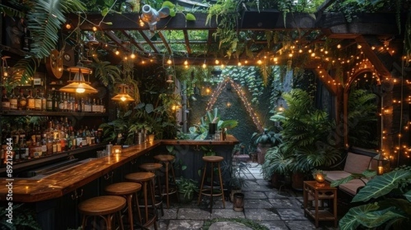Obraz Secret garden bar with fairy lights, lush greenery, and artisanal drinks, secluded and magical setting, copy space, perfect for hidden and enchanting nightlife experiences.