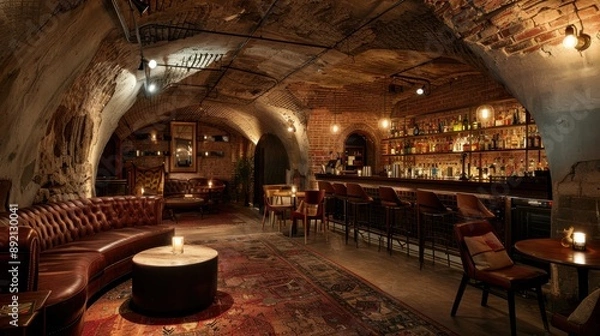 Obraz Underground bar with exposed brick walls, vintage furniture, and dim lighting, secret entrance, copy space, ideal for hidden gems and nightlife adventures.
