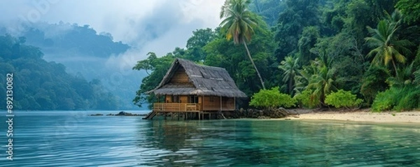 Fototapeta Abandoned hut on a deserted island, surrounded by dense jungle and untouched nature, copy space, perfect for survival and exploration content.