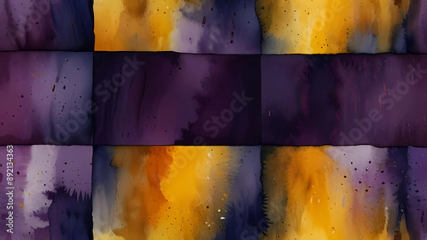 Fototapeta abstract background with dynamic watercolor strokes in contrasting colors, such as deep purples and bright yellow