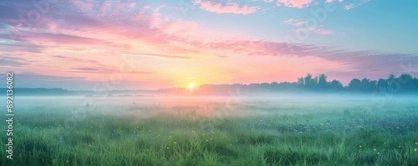 Obraz Meadow at dawn with mist rising, soft pastel colors, tranquil and serene atmosphere, perfect for landscape and nature photography promotions, copy space.