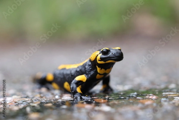 Obraz European fire salamander in daylight on a rainy day