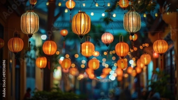 Obraz Traditional lanterns hanging above a night market street, creating a festive and enchanting ambiance, copy space, perfect for cultural festivals and vibrant night scenes.
