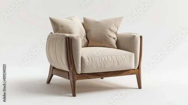 Fototapeta Cozy armchair with cushion and light on white background, creating a warm and inviting atmosphere for relaxation or reading. 