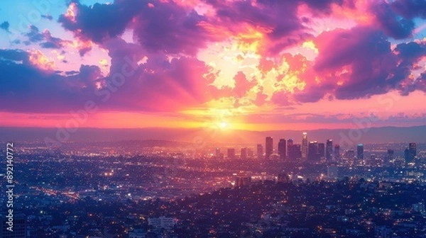 Fototapeta Modern cityscape at dusk, colorful sunset transitioning to city lights, dynamic and vibrant, ideal for urban and twilight visuals, copy space.