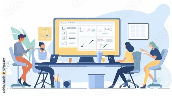 Obraz A collaborative team working on a project, reviewing documents and using a large monitor, coffee cups and office supplies on the table, and a productive atmosphere