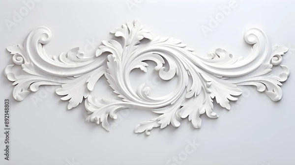Obraz 3D illustration of white decorative relief beautiful detailed ornament with acanthus leaves decoration in baroque style isolated on white background