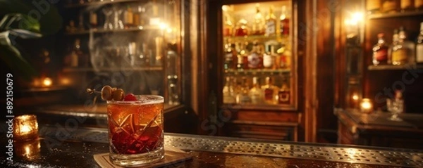 Obraz Retro speakeasy with a hidden door, classic cocktails being served, ambient lighting and vintage decor, copy space, ideal for nostalgic and secretive nightlife content.