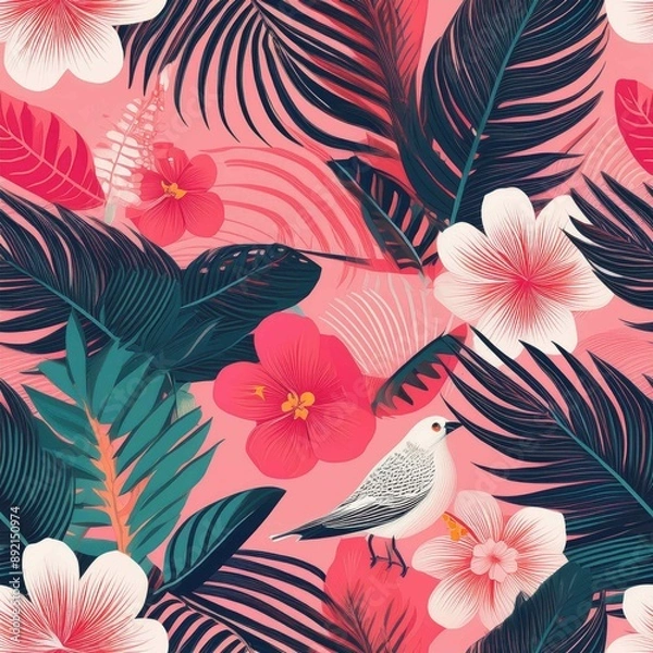 Fototapeta a vibrant and unique tropical pattern featuring lush palm leaves, exotic flowers, leaf