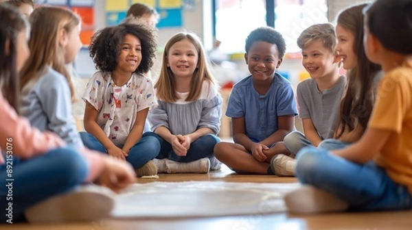 Fototapeta Young children in an elementary school classroom engage in a joyful group activity, sitting cross-legged on the floor in a circle, community and friendship as they laugh and interact with one another