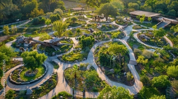 Obraz Aerial view of an open zoo with diverse animal habitats, winding paths, and visitor areas, copy space, ideal for travel and eco-tourism content.