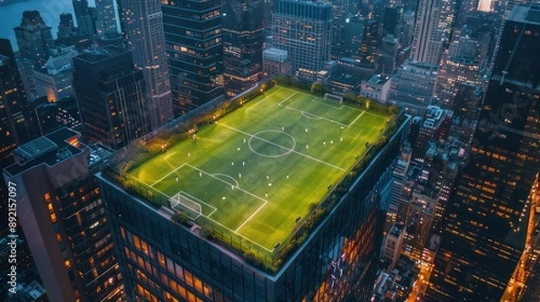 Obraz Soccer field on the rooftop of a building in city