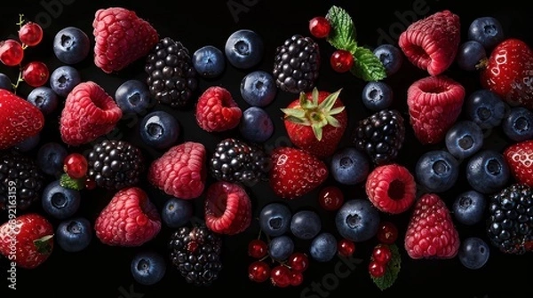 Fototapeta realistic floating composition of mixed berries, shiny, black background studio