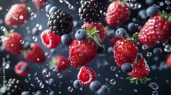 Fototapeta realistic floating composition of mixed berries, shiny, black background studio