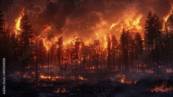 Fototapeta Dramatic scene of a forest fire in progress, highlighting the devastation and danger posed by wildfires