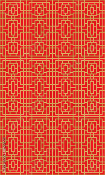 Fototapeta Golden seamless Chinese window tracery lattice geometry square line pattern background.
