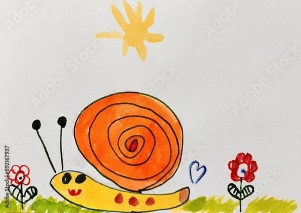 Fototapeta Child's drawing of a snail with an orange shell, surrounded by flowers and a sun in the sky. 