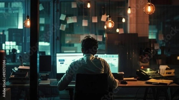 Fototapeta An entrepreneur sitting alone, looking at a laptop with a failed startup message, surrounded by crumpled papers
