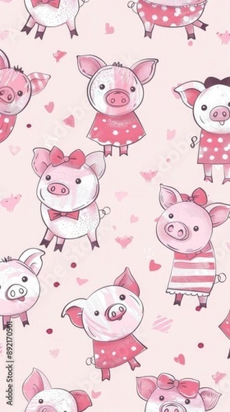 Fototapeta Adorable pink pig design with seamless pattern, featuring pigs in different outfits like bow ties and dresses, on a light pink background