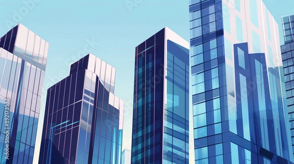 Obraz illustrations showcasing futuristic skyscrapers with sleek, modern designs. The buildings feature reflective glass facades and are set against clear blue skies, creating a vision of advanced urban arc