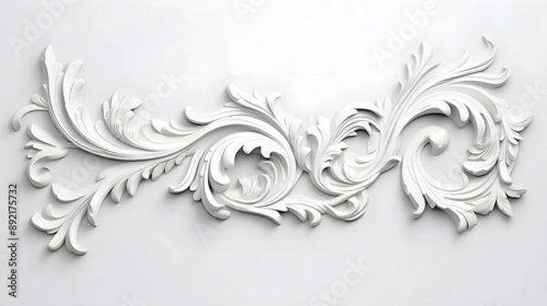 Obraz 3D illustration of white decorative relief beautiful detailed ornament with acanthus leaves decoration in baroque style isolated on white background
