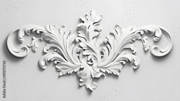 Obraz 3D illustration of white decorative relief beautiful detailed ornament with acanthus leaves decoration in baroque style isolated on white background