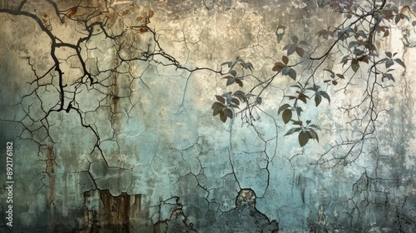 Fototapeta Textured background photo wallpaper with a cracked wall, featuring intricately painted trees and hanging branches with leaves