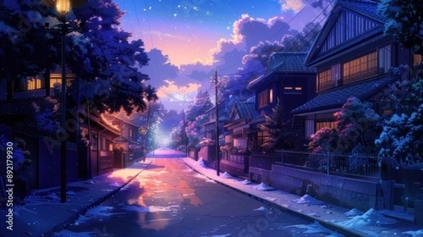 Fototapeta Charming snow-covered street glowing under twilight sky