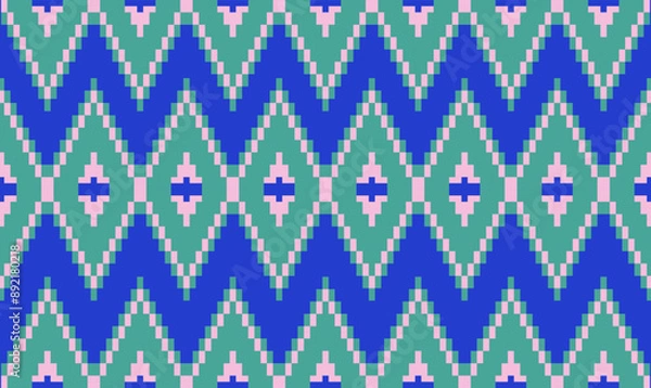 Obraz Ethnic geometric fabric pixel pattern cross Stitch. Ikat embroidery in pink and green on blue background. Abstract vector illustration for Textile ,clothing, scarf, motifs, silk and etc.