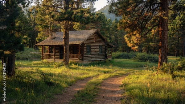 Fototapeta A rustic wooden cabin nestled among tall pine trees in a secluded forest.