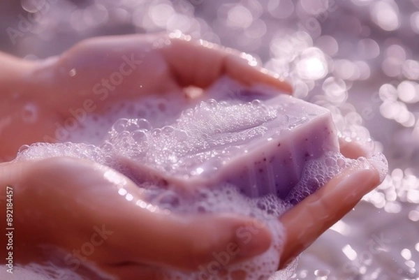 Fototapeta Hands washing with handmade soap under running water. Cleanliness and hygiene concept
