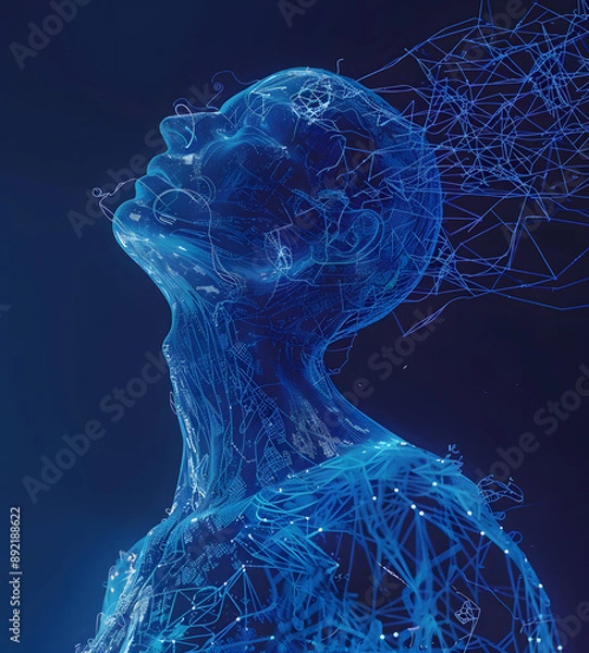 Fototapeta A man made of blue digital data lines,