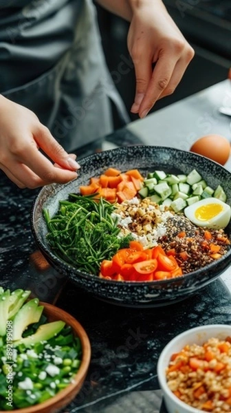 Fototapeta An employee preparing a healthy lunch with fresh vegetables, lean protein, and whole grains