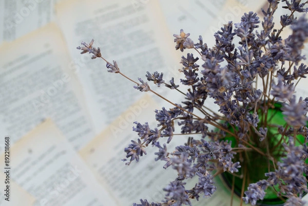 Fototapeta Lavender flowers, lavender on a background of book sheets background, with lavender flowers