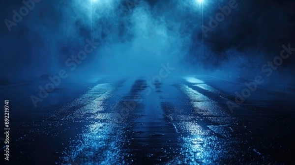 Fototapeta Dark street, wet asphalt, reflections of rays in the water. Abstract dark blue background, smoke, smog. Empty dark scene, neon light, spotlights