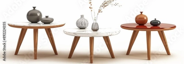 Fototapeta Set of side tables with marble tops and wooden legs, decorated in the style of Scandinavian style