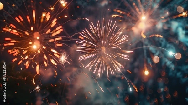 Fototapeta A pair of fireworks exploding in the night sky with colorful sparks and lights